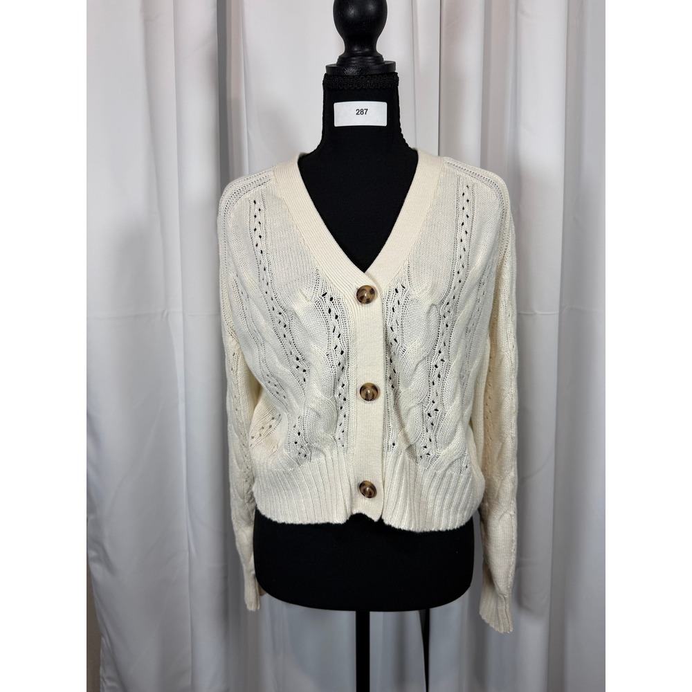 Ambiance Apparel Cream Cable Knit Cardigan V-Neck Button Front Sweater Small